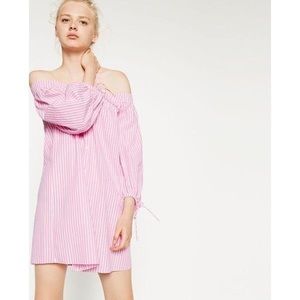 Zara pink and white pinstriped off the shoulder shirtdress